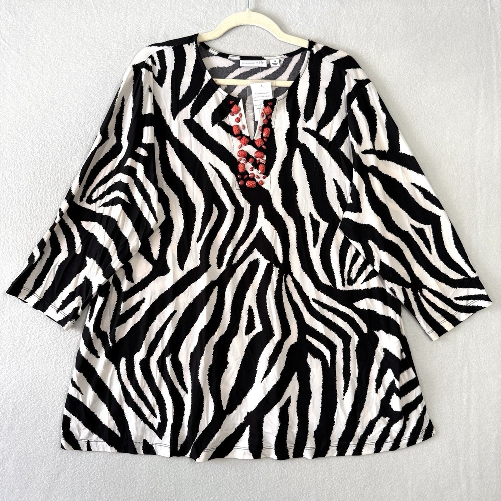 Susan Graver‎ Top Womens 2X Zebra Print Beaded Neckline Tunic Blouse A-Line NWT